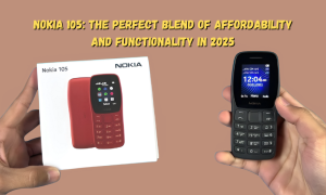 Affordable Nokia 105 feature phone with a sleek design, durable build, and long lasting battery.