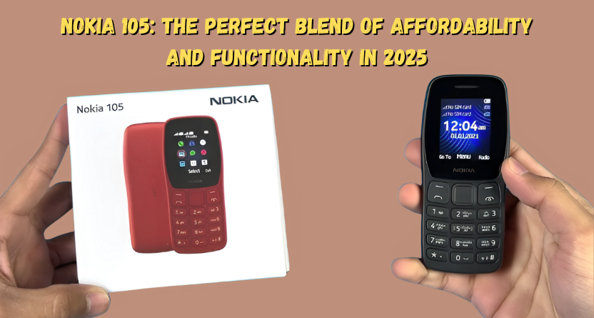Affordable Nokia 105 feature phone with a sleek design, durable build, and long lasting battery.